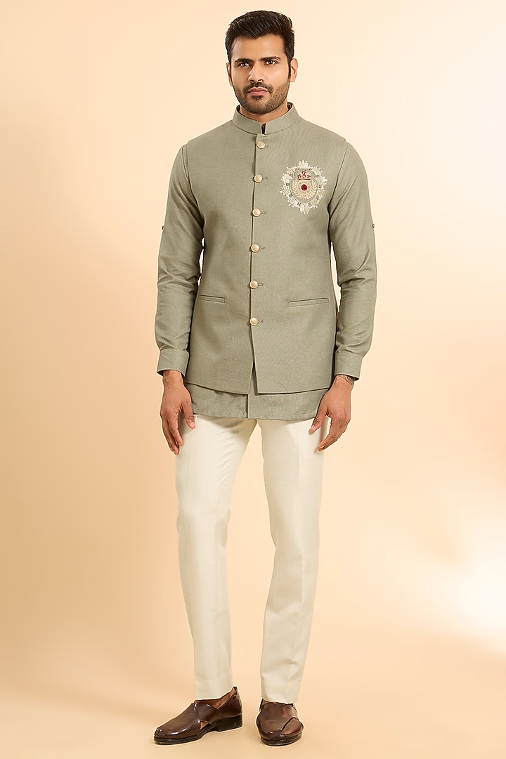 Green Suiting Handwork Bundi Jacket Set by Nero by Shaifali & Satya at Pernia's Pop Up Shop