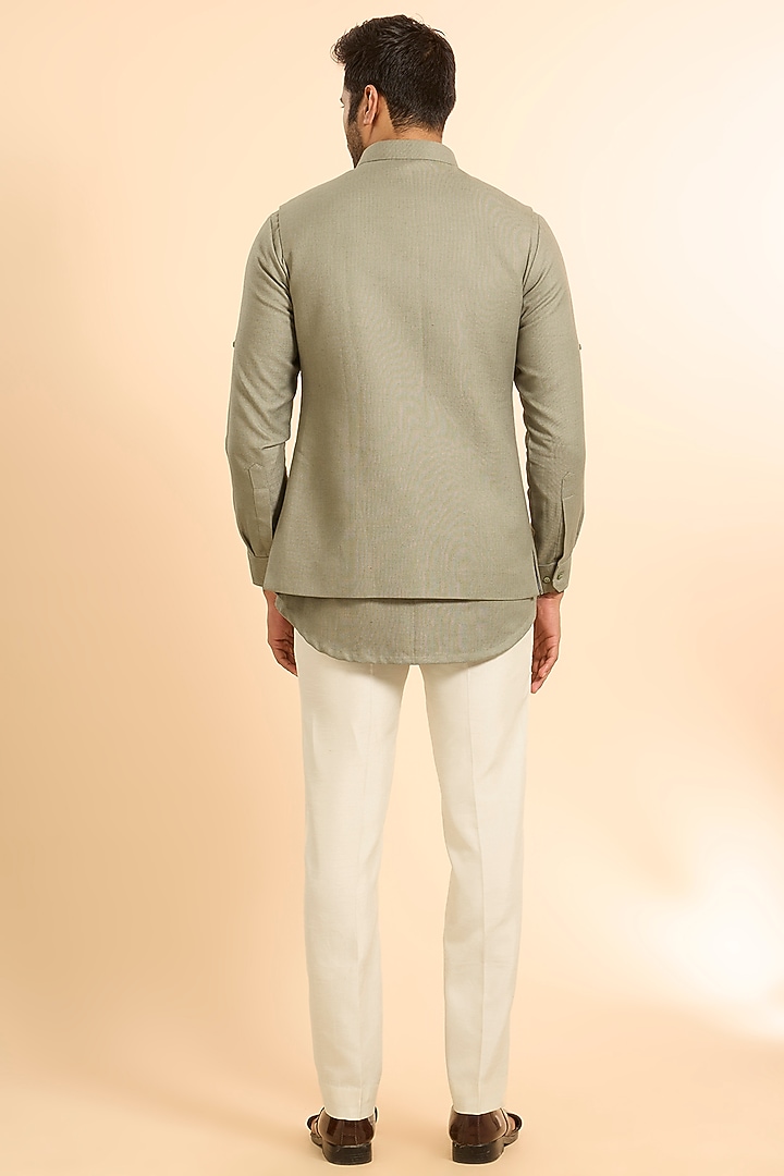 Green Suiting Handwork Bundi Jacket Set by Nero by Shaifali & Satya at Pernia's Pop Up Shop