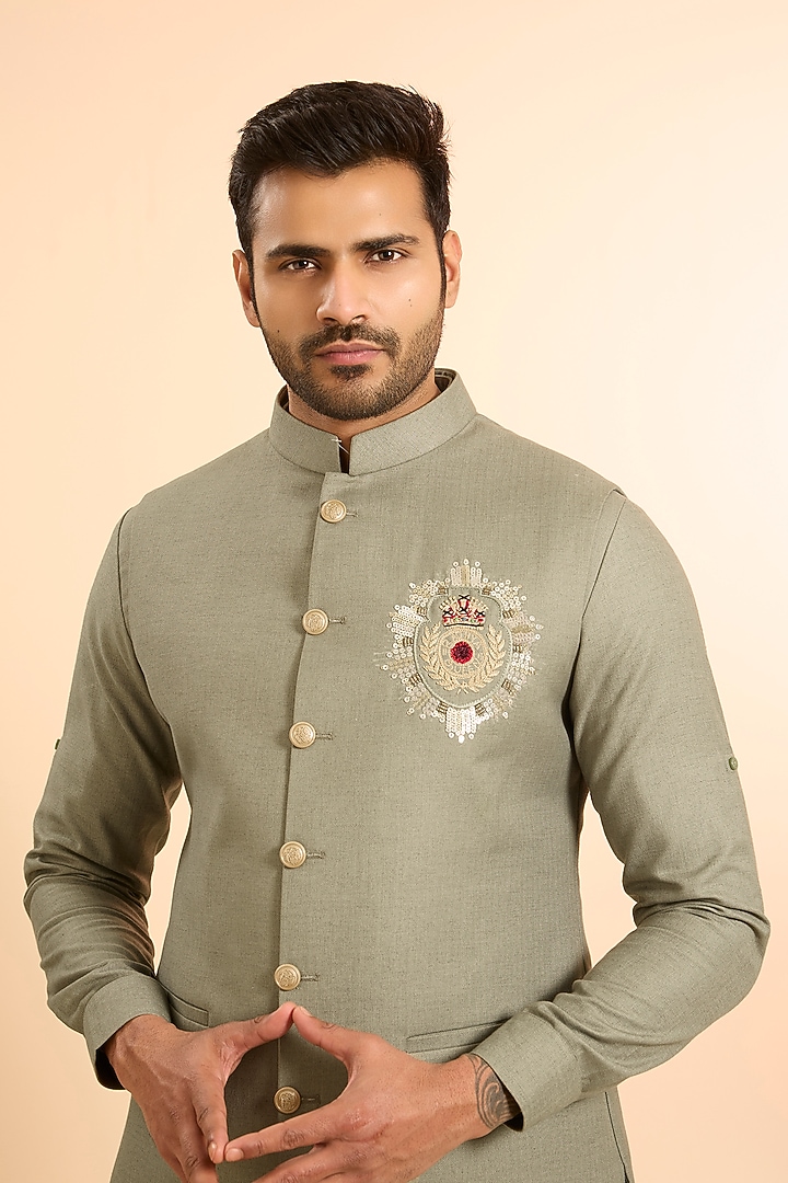 Green Suiting Handwork Bundi Jacket Set by Nero by Shaifali & Satya at Pernia's Pop Up Shop