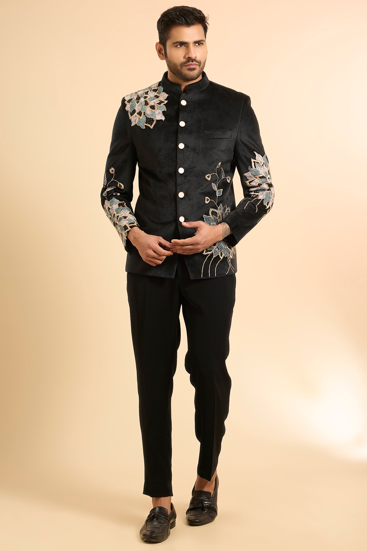 Nero by Shaifali & Satya Black Suede Threadwork Jodhpuri Set