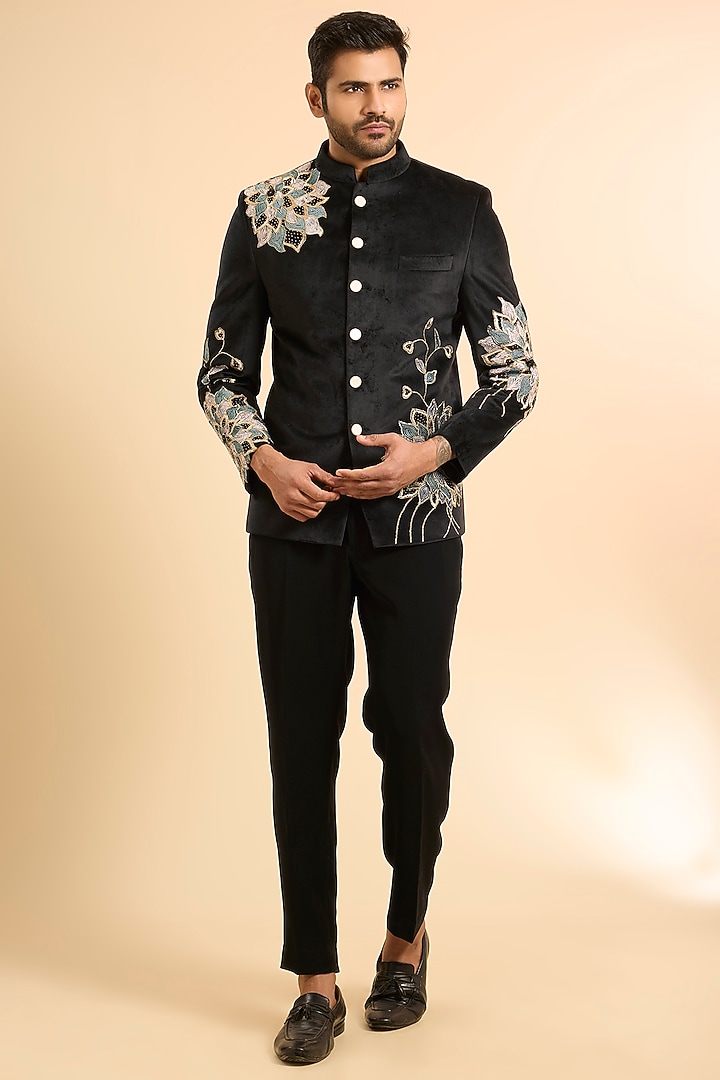 Black Suede Threadwork Jodhpuri Set by Nero by Shaifali & Satya at Pernia's Pop Up Shop