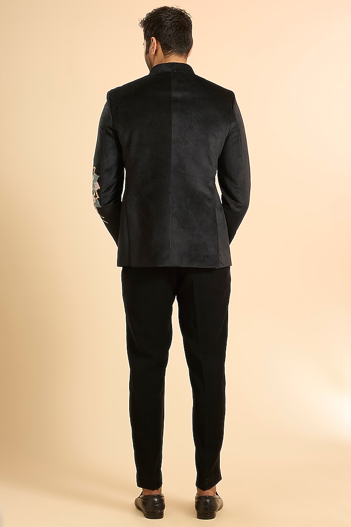 Black Suede Threadwork Jodhpuri Set by Nero by Shaifali & Satya at Pernia's Pop Up Shop