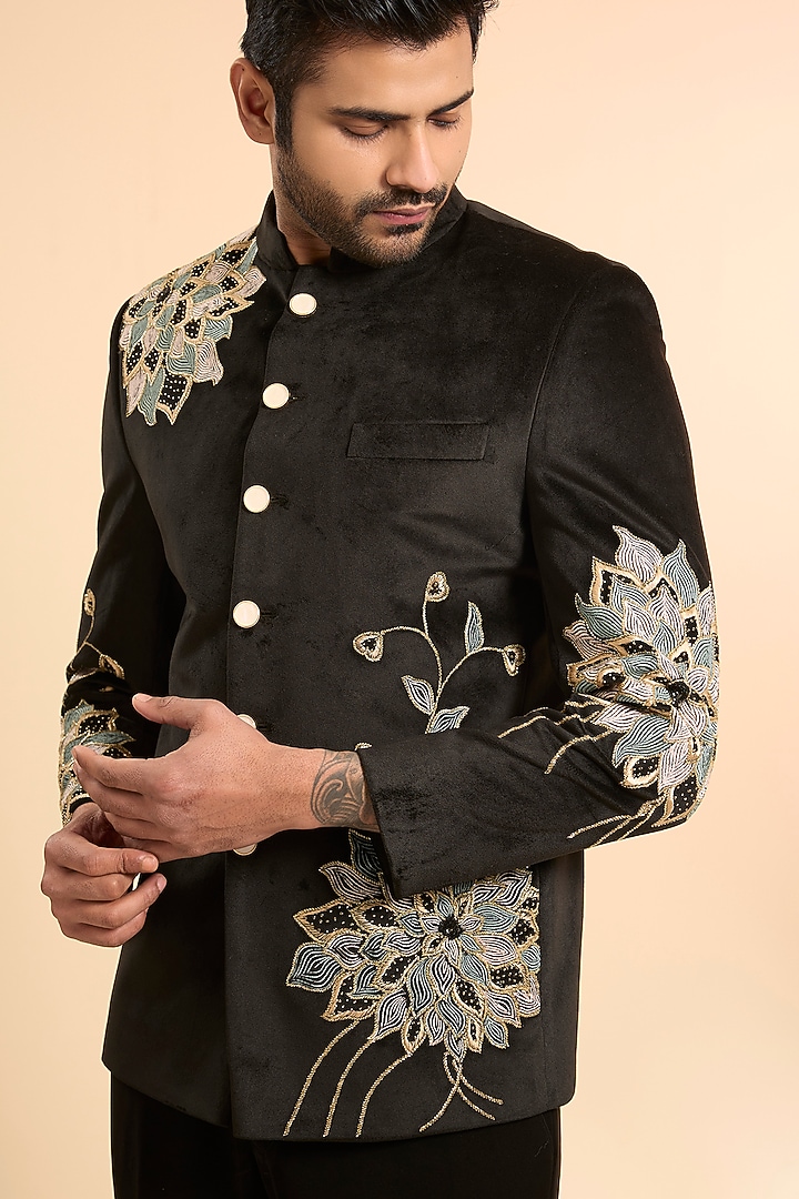Black Suede Threadwork Jodhpuri Set by Nero by Shaifali & Satya at Pernia's Pop Up Shop