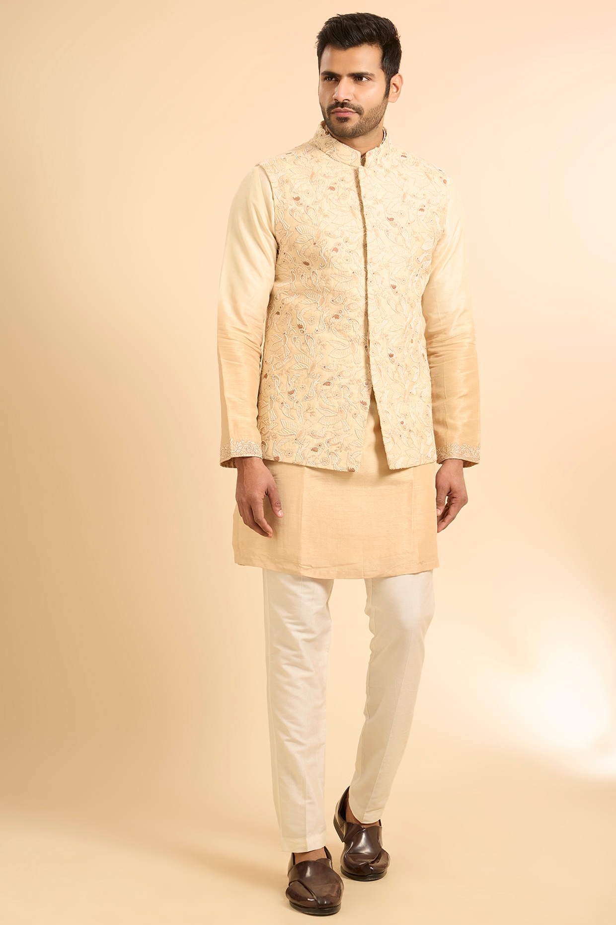 Nero by Shaifali & Satya Beige Silk Handwork Bundi Jacket Set