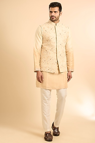 Beige Silk Handwork Bundi Jacket Set by Nero by Shaifali & Satya
