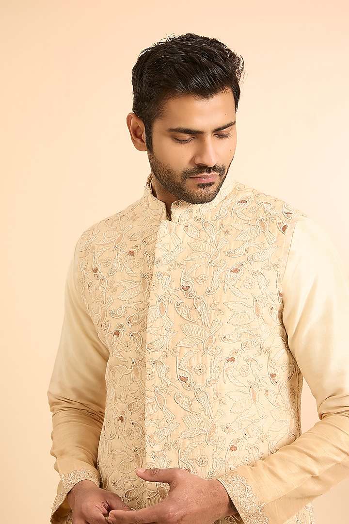 Beige Silk Handwork Bundi Jacket Set by Nero by Shaifali & Satya at Pernia's Pop Up Shop