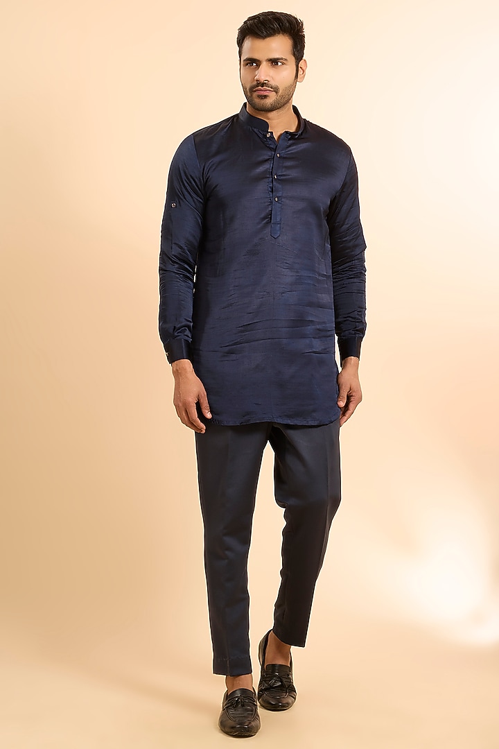 Midnight Blue Silk Threadwork Bundi Jacket Set by Nero by Shaifali & Satya at Pernia's Pop Up Shop