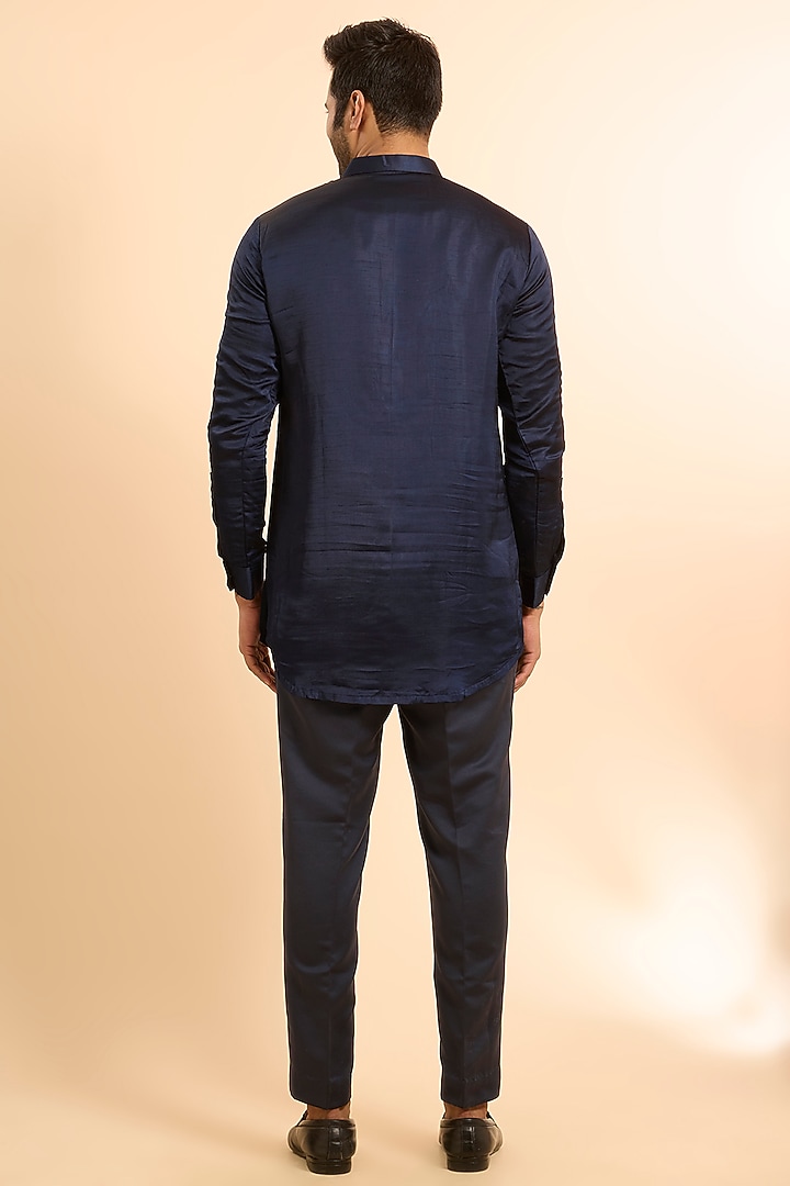 Midnight Blue Silk Threadwork Bundi Jacket Set by Nero by Shaifali & Satya at Pernia's Pop Up Shop