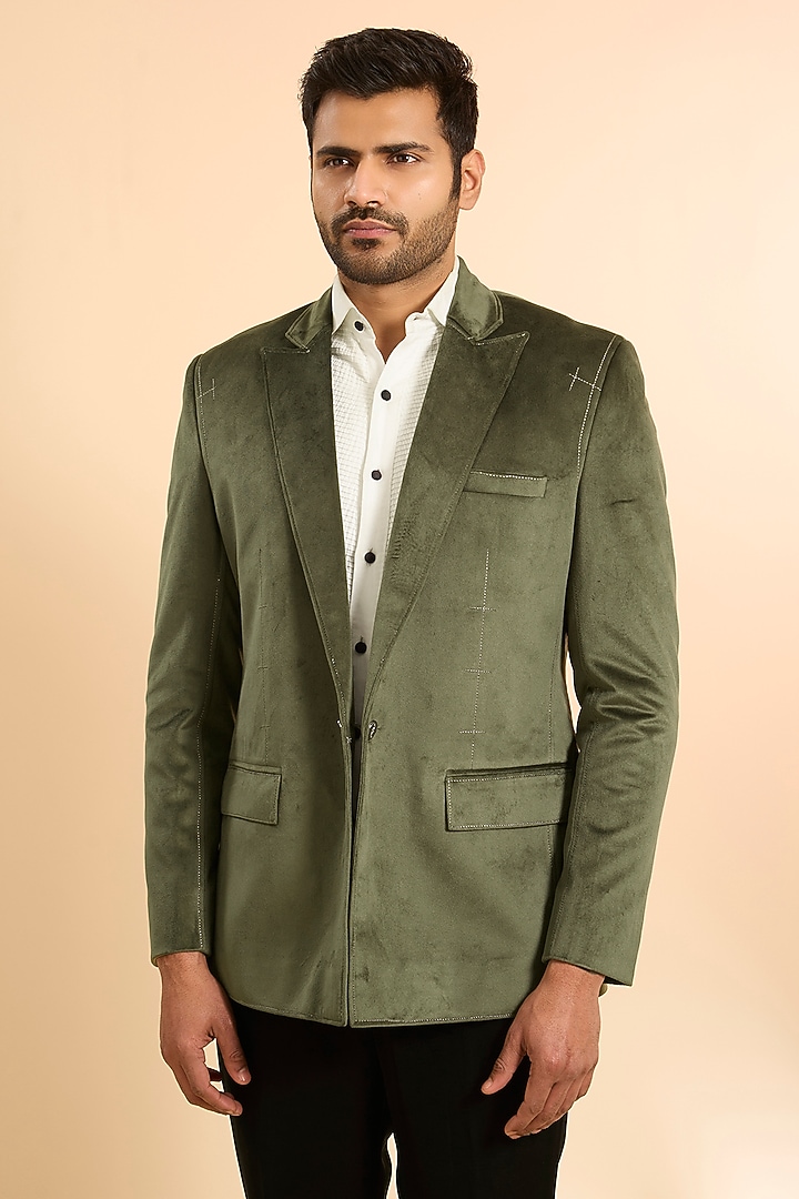 Green Suede Blazer by Nero By Shaifali & Satya at Pernia's Pop Up Shop