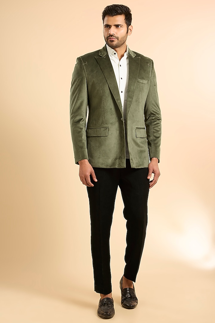 Green Suede Blazer by Nero by Shaifali & Satya at Pernia's Pop Up Shop