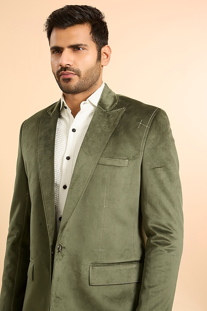 Green Suede Blazer by Nero by Shaifali & Satya at Pernia's Pop Up Shop