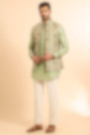 Pastel Green Silk Threadwork Open Bundi Jacket Set by Nero by Shaifali & Satya at Pernia's Pop Up Shop