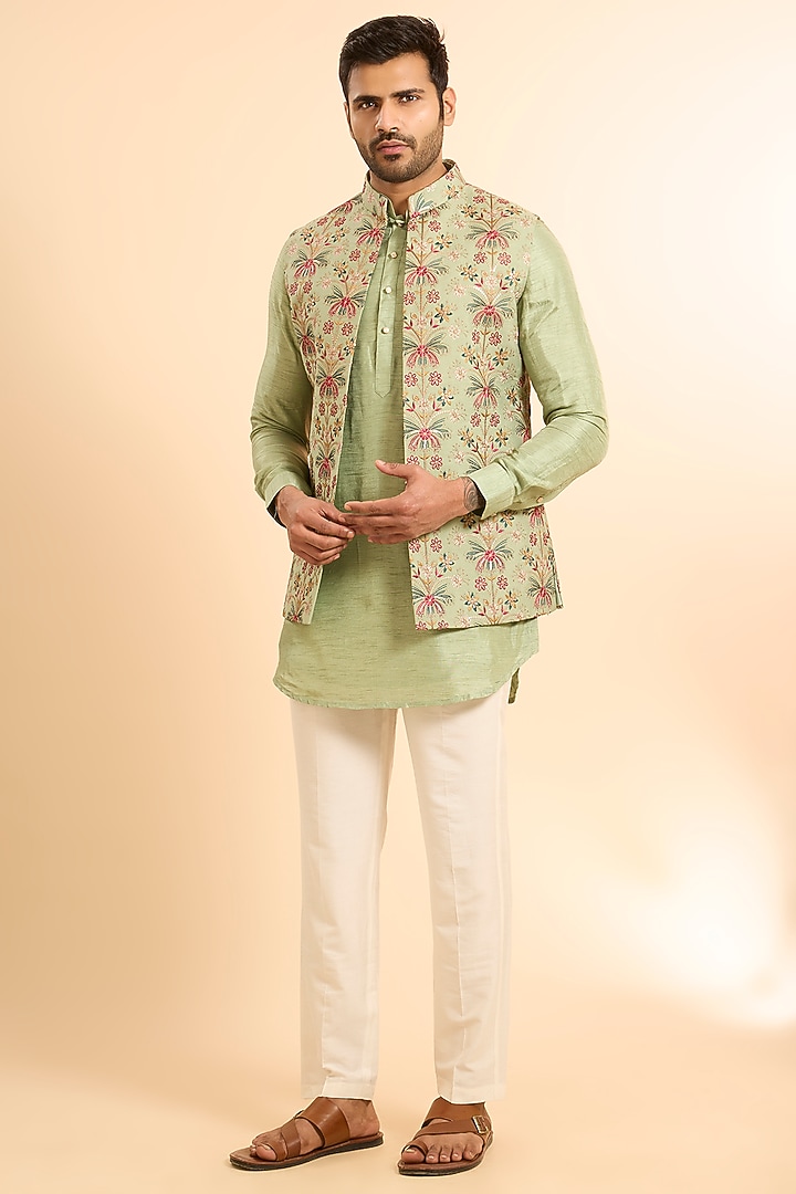 Pastel Green Silk Threadwork Open Bundi Jacket Set by Nero by Shaifali & Satya at Pernia's Pop Up Shop