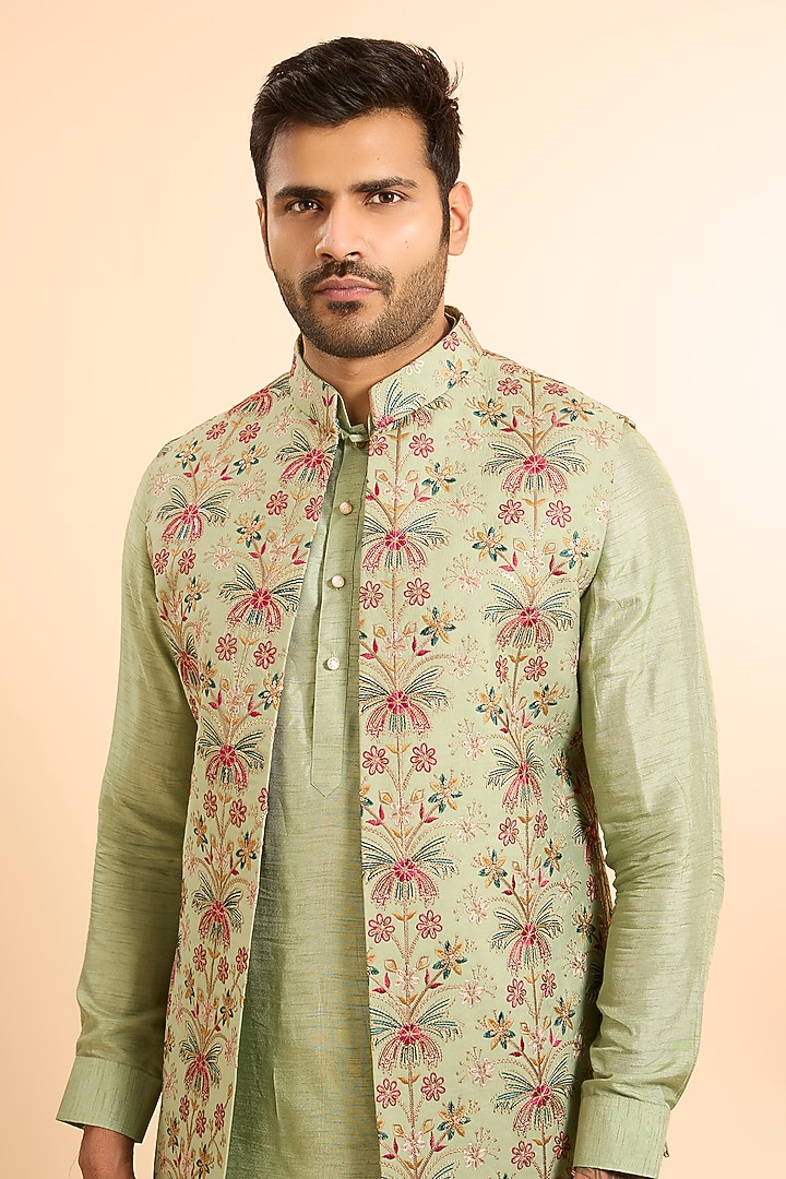 Pastel Green Silk Threadwork Open Bundi Jacket Set by Nero by Shaifali & Satya at Pernia's Pop Up Shop