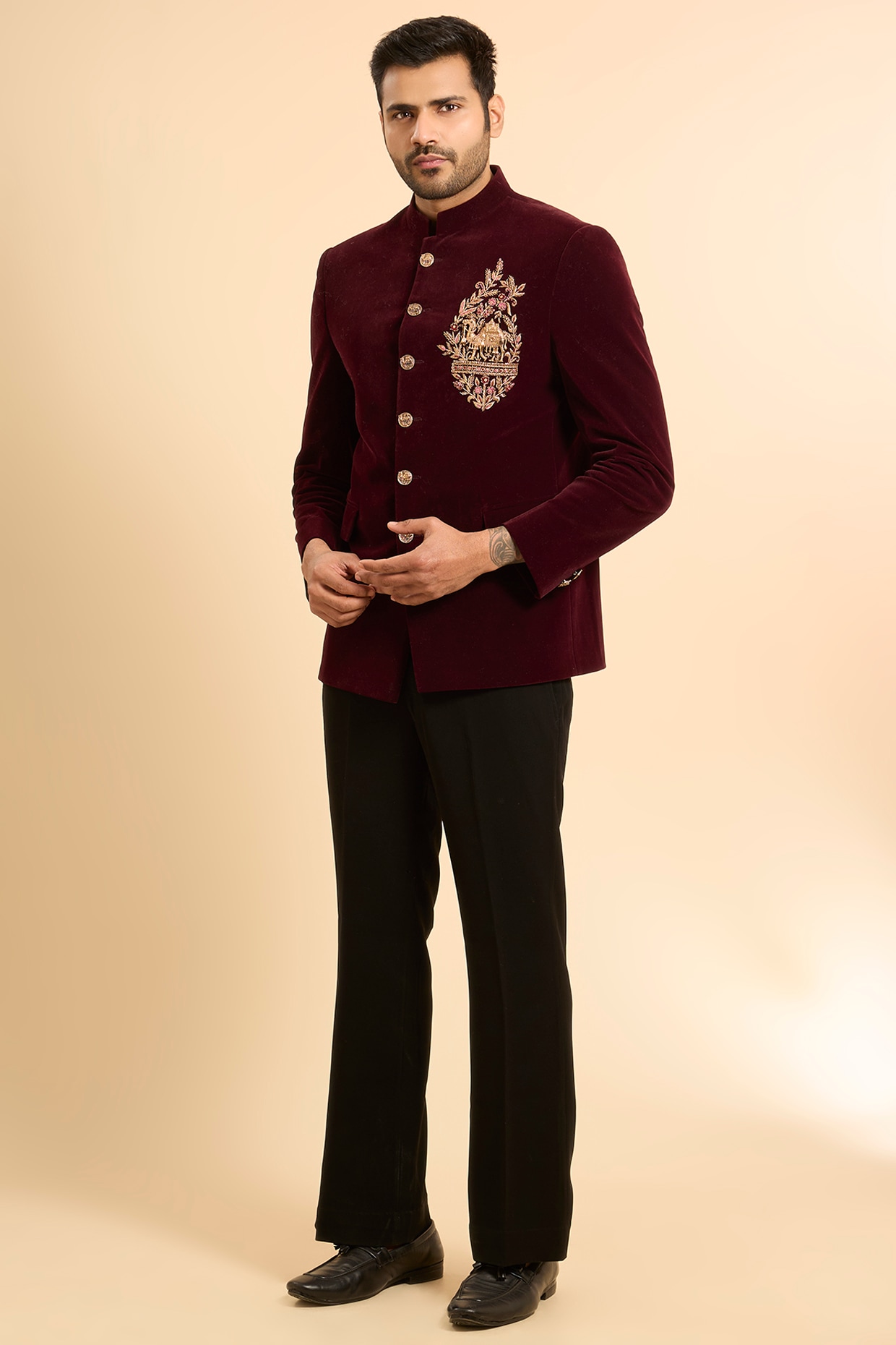 Nero by Shaifali & Satya Wine Cotton Velvet Handwork Jodhpuri Set