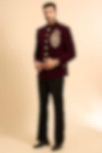 Wine Cotton Velvet Handwork Jodhpuri Set by Nero by Shaifali & Satya at Pernia's Pop Up Shop