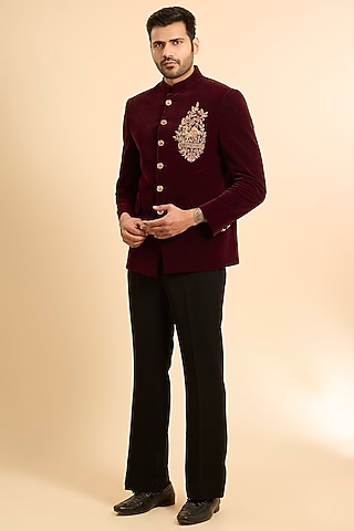 Wine Cotton Velvet Handwork Jodhpuri Set by Nero by Shaifali & Satya