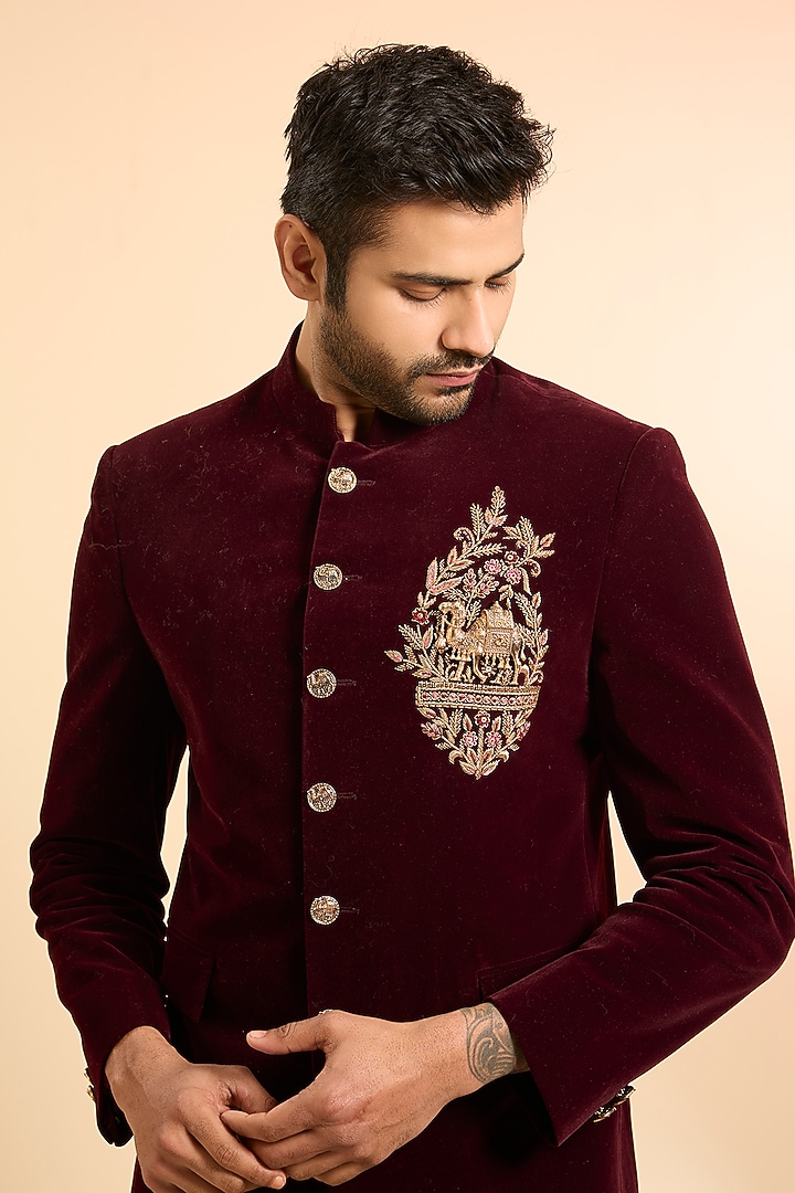 Wine Cotton Velvet Handwork Jodhpuri Set by Nero by Shaifali & Satya at Pernia's Pop Up Shop