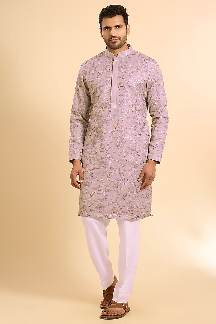 Grey Silk Threadwork Kurta Set by Nero By Shaifali & Satya at Pernia's Pop Up Shop