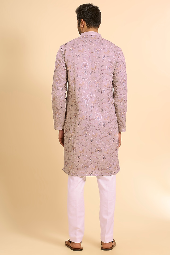 Grey Silk Threadwork Kurta Set by Nero by Shaifali & Satya at Pernia's Pop Up Shop