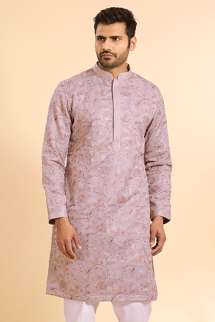 Grey Silk Threadwork Kurta Set by Nero by Shaifali & Satya at Pernia's Pop Up Shop