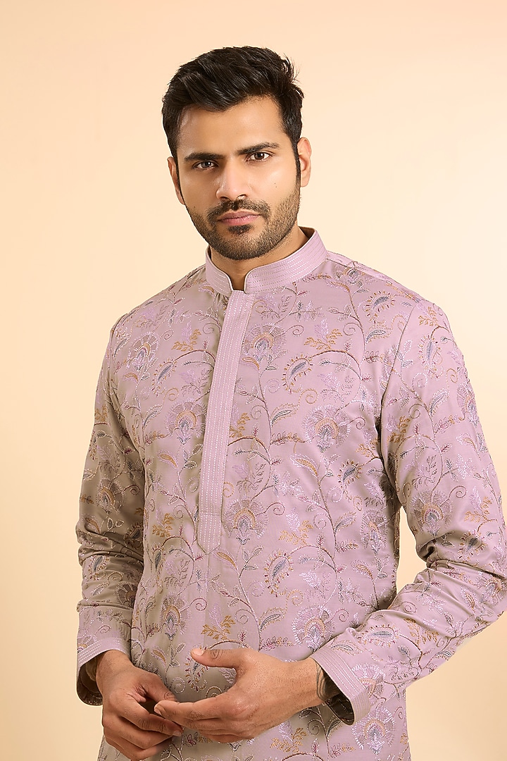 Grey Silk Threadwork Kurta Set by Nero by Shaifali & Satya at Pernia's Pop Up Shop