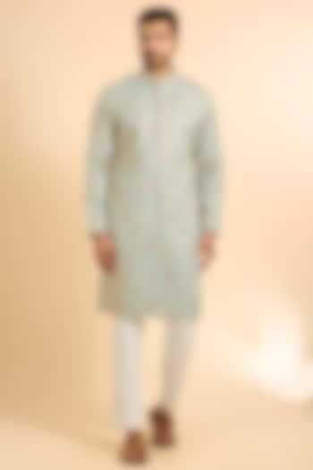 Green Silk Threadwork Kurta Set by Nero By Shaifali & Satya at Pernia's Pop Up Shop