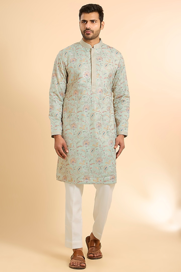 Green Silk Threadwork Kurta Set by Nero By Shaifali & Satya at Pernia's Pop Up Shop