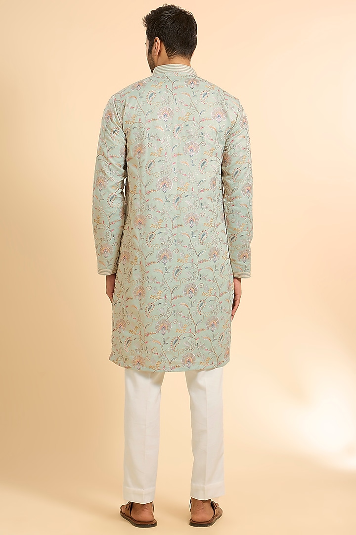 Green Silk Threadwork Kurta Set by Nero by Shaifali & Satya at Pernia's Pop Up Shop