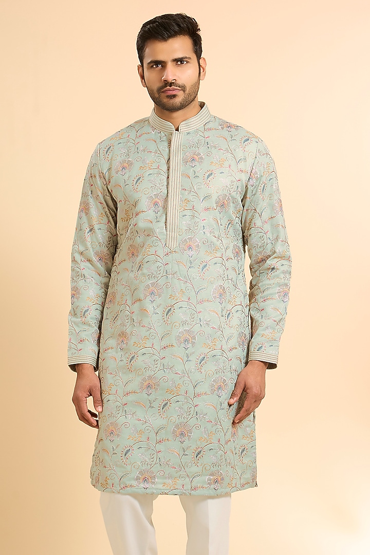 Green Silk Threadwork Kurta Set by Nero by Shaifali & Satya at Pernia's Pop Up Shop