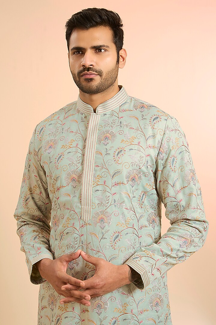 Green Silk Threadwork Kurta Set by Nero by Shaifali & Satya at Pernia's Pop Up Shop