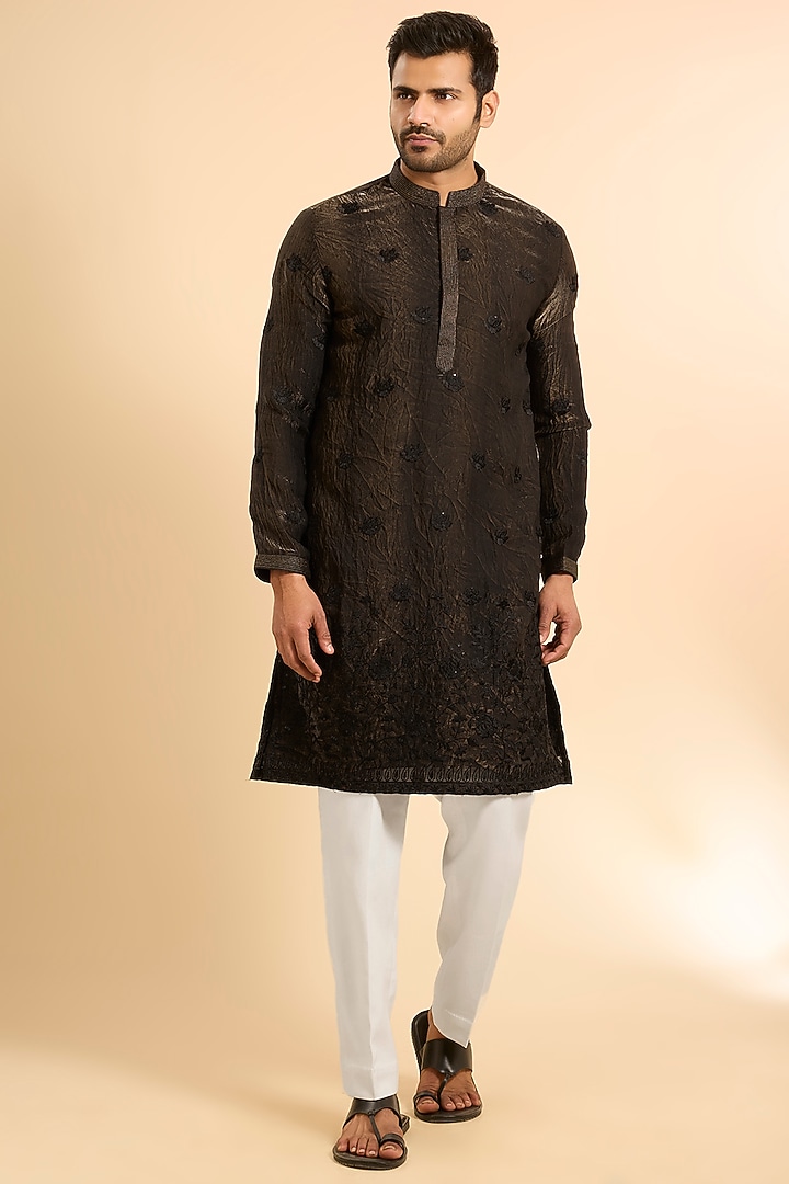 Black Tissue Silk Threadwork Kurta Set by Nero By Shaifali & Satya at Pernia's Pop Up Shop