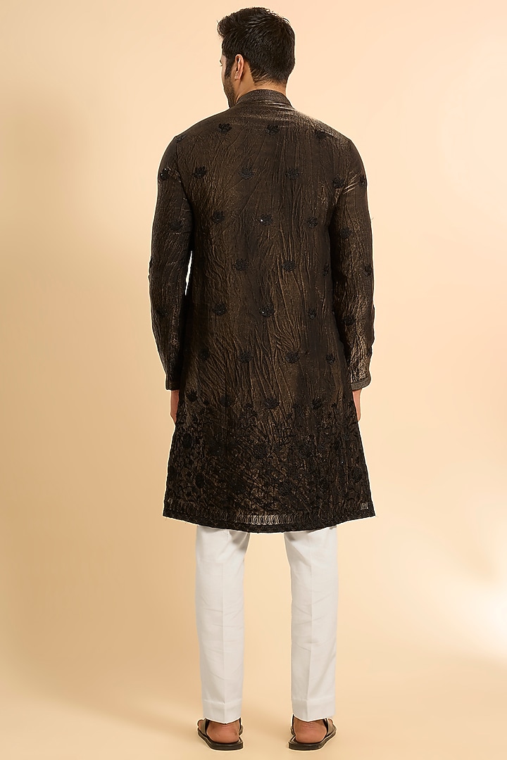 Black Tissue Silk Threadwork Kurta Set by Nero by Shaifali & Satya at Pernia's Pop Up Shop