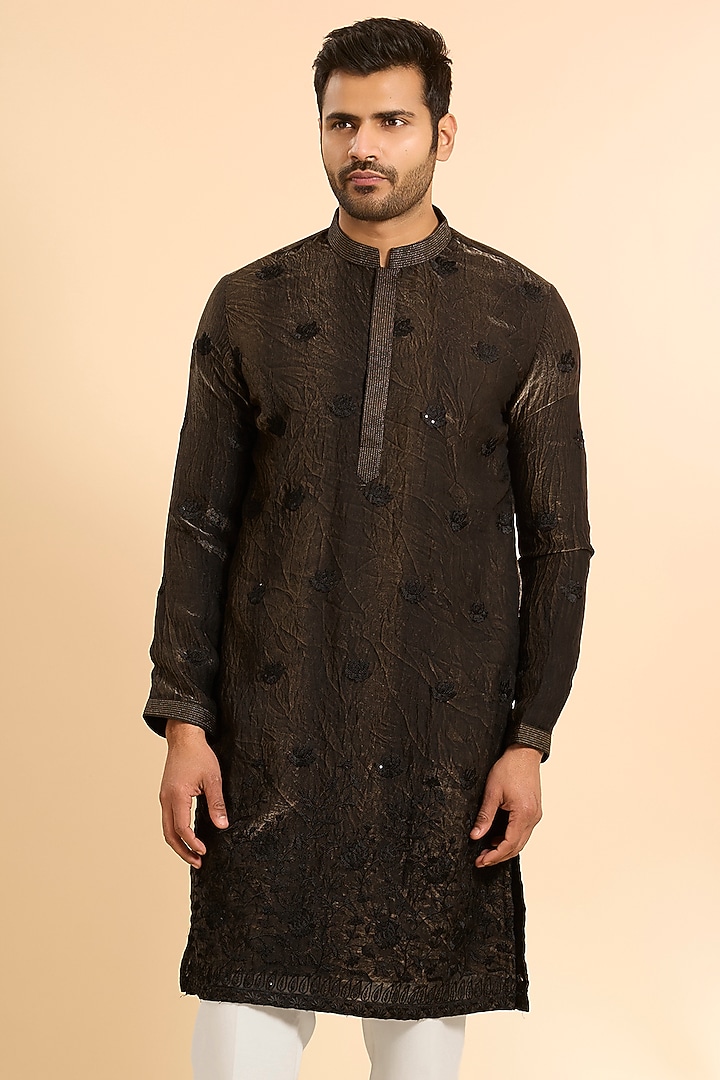 Black Tissue Silk Threadwork Kurta Set by Nero by Shaifali & Satya at Pernia's Pop Up Shop