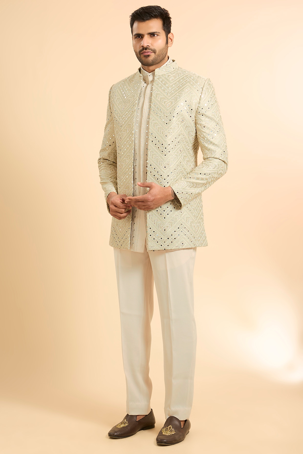 Nero by Shaifali & Satya Green Silk Mirror Work Open Jacket Set