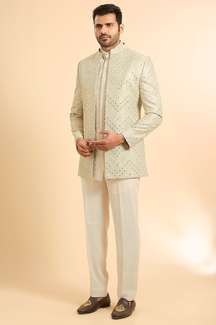 Green Silk Mirror Work Open Jacket Set by Nero by Shaifali & Satya at Pernia's Pop Up Shop