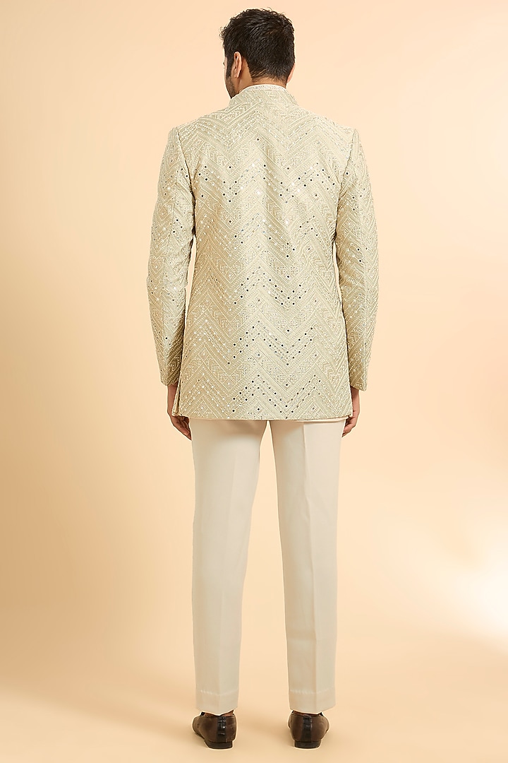 Green Silk Mirror Work Open Jacket Set by Nero by Shaifali & Satya at Pernia's Pop Up Shop