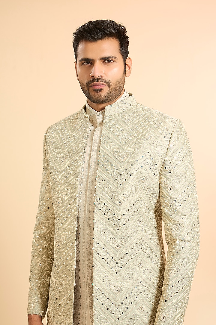 Green Silk Mirror Work Open Jacket Set by Nero by Shaifali & Satya at Pernia's Pop Up Shop