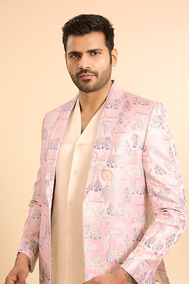 Pink Silk Printed Open Blazer Set by Nero by Shaifali & Satya at Pernia's Pop Up Shop