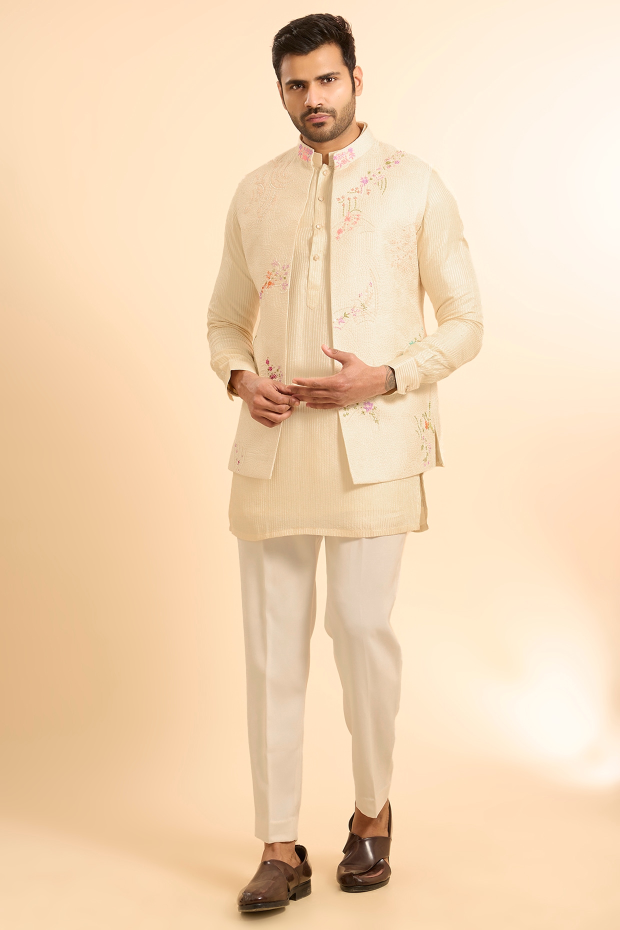 Nero by Shaifali & Satya Ivory Silk Threadwork Open Bundi Jacket Set