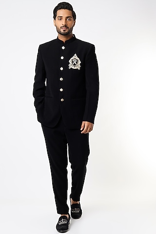 Black Embroidered Bandhgala Jacket Set by Nero by Shaifali & Satya