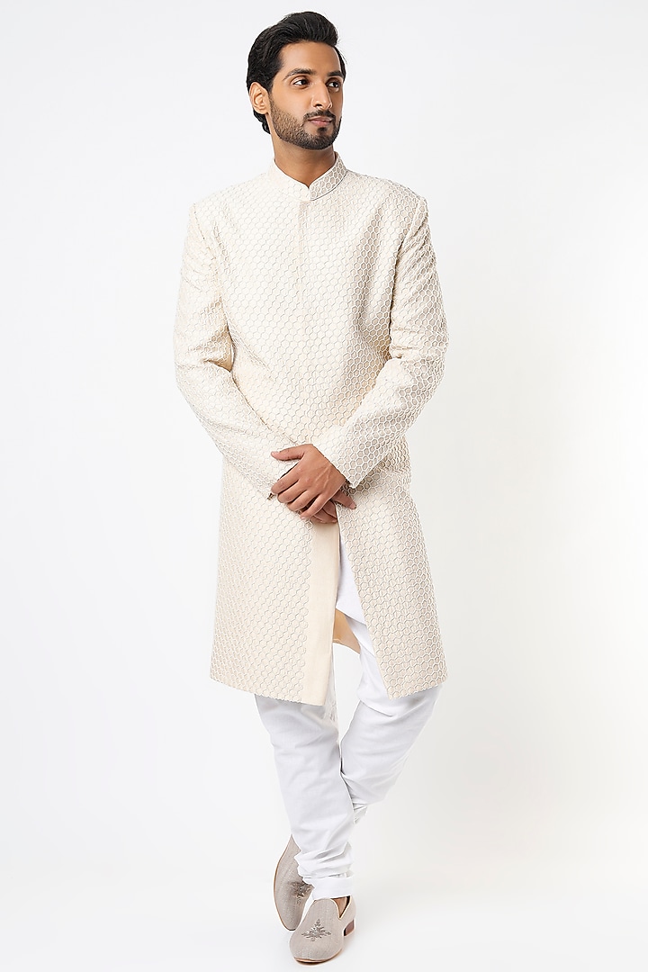 Off-White Embroidered Groom Sherwani Set by Nero by Shaifali & Satya at Pernia's Pop Up Shop