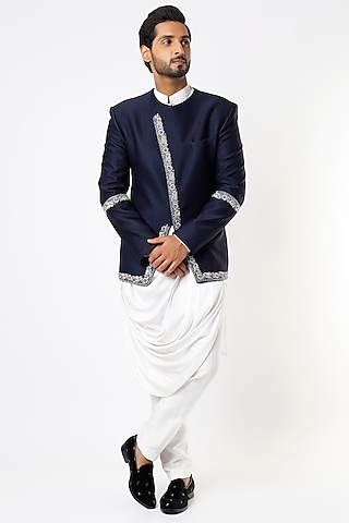 Navy Blue Hand Embroidered Jacket With Kurta Set by Nero by Shaifali & Satya