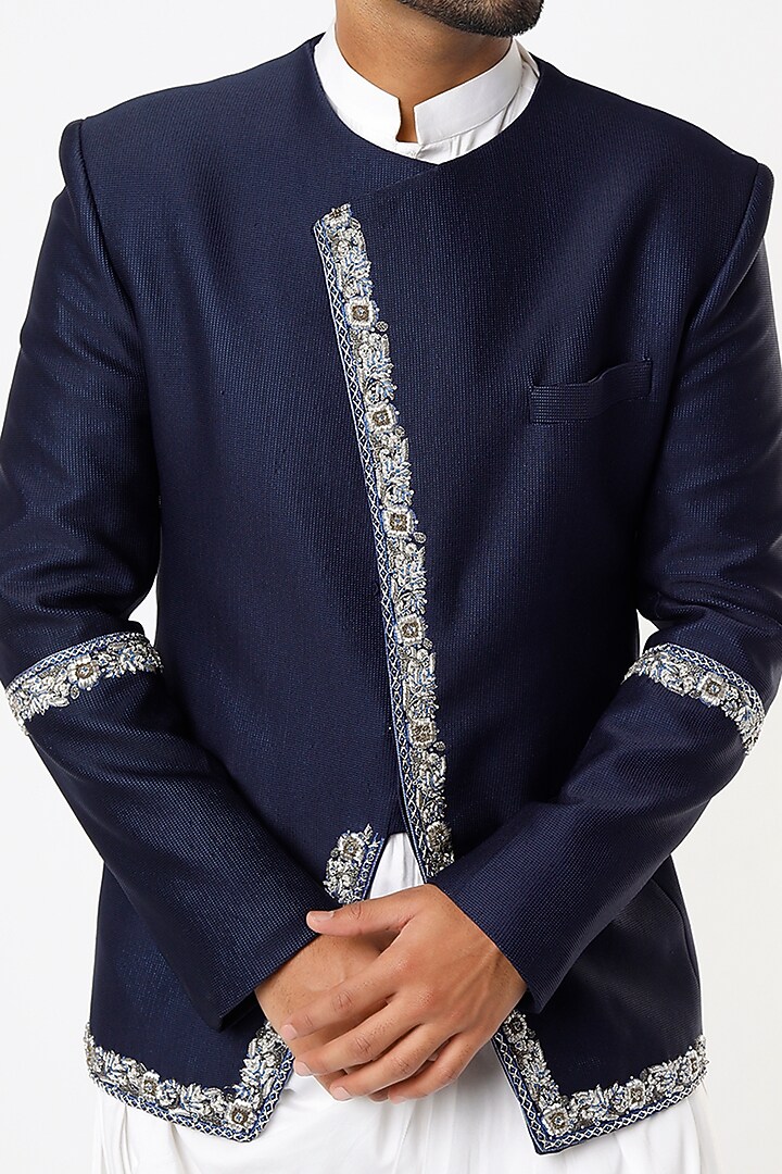 Navy Blue Hand Embroidered Jacket With Kurta Set by Nero by Shaifali & Satya at Pernia's Pop Up Shop