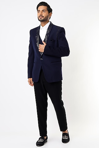 Navy Blue Embroidered Tuxedo Set by Nero by Shaifali & Satya