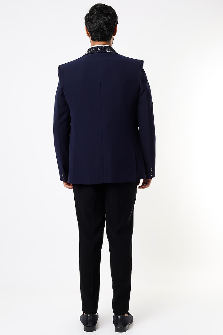 Navy Blue Embroidered Tuxedo Set by Nero by Shaifali & Satya at Pernia's Pop Up Shop