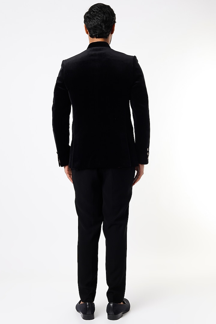 Black Suede Wedding Bandhgala Jacket Set by Nero by Shaifali & Satya at Pernia's Pop Up Shop