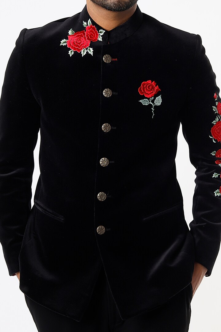 Black Suede Wedding Bandhgala Jacket Set by Nero by Shaifali & Satya at Pernia's Pop Up Shop