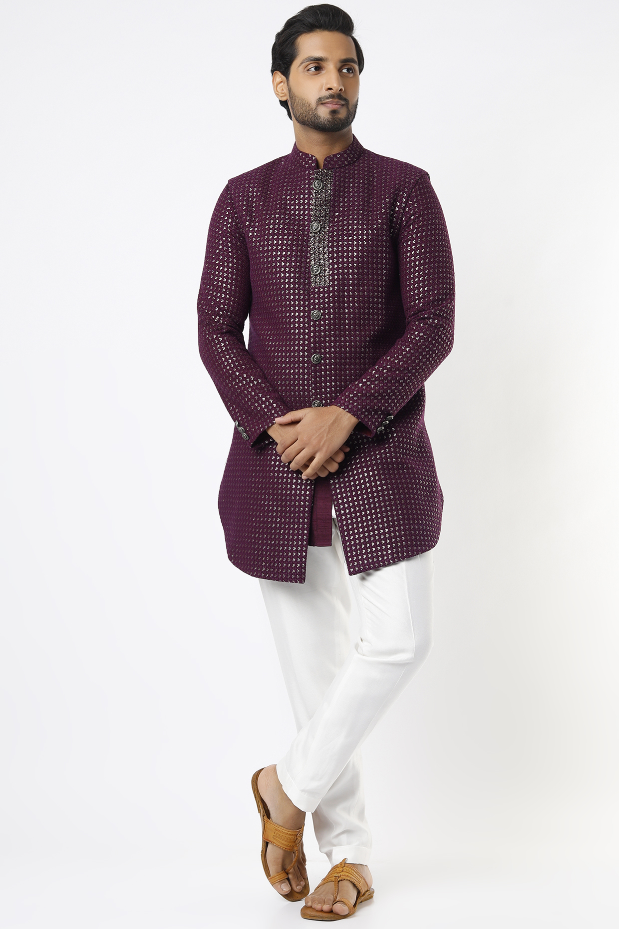 Wine Kurta Set With Embroidered Wedding Indowestern Jacket Set by Nero by Shaifali & Satya at Pernia's Pop Up Shop