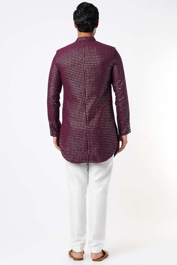 Wine Kurta Set With Embroidered Wedding Indowestern Jacket Set by Nero by Shaifali & Satya at Pernia's Pop Up Shop